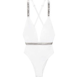 NWT Victoria Secret Swim Shine Strap Plunge One-Piece Swimsuit. White. Size S.